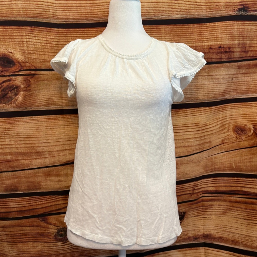 LOFT 100% Linen Womens White Flutter Sleeve‎ Lightweight Top Size XXS